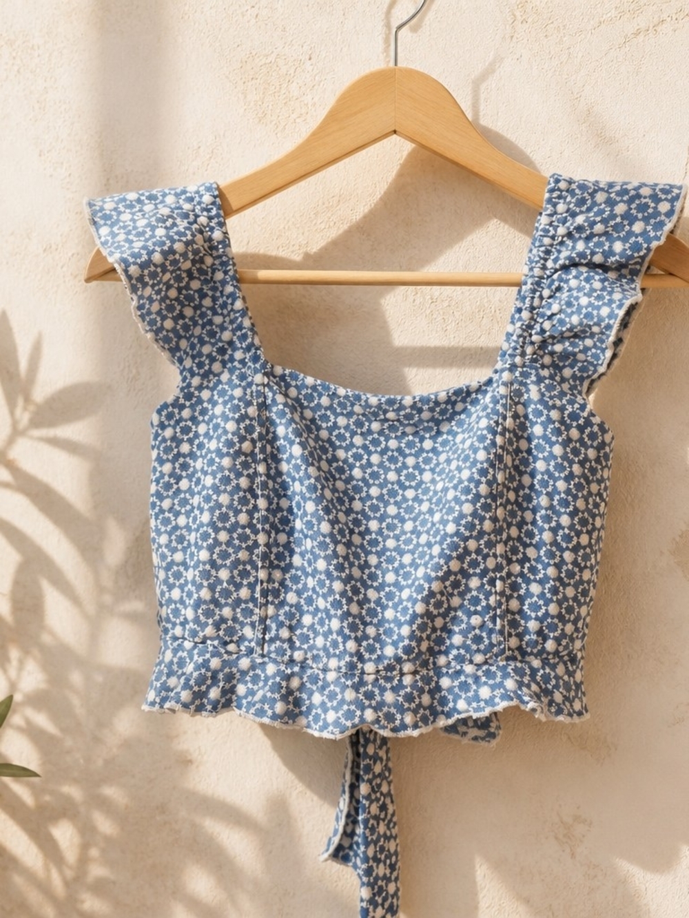 Blue Floral Tie-Back Ruffle Crop Top